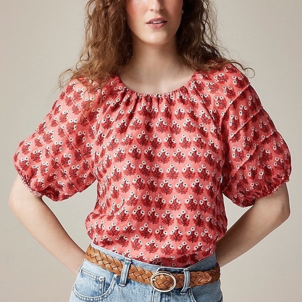 NWT J.‎ Crew Puff-Sleeve Top Block-Print Ramie L Large Coral Multi